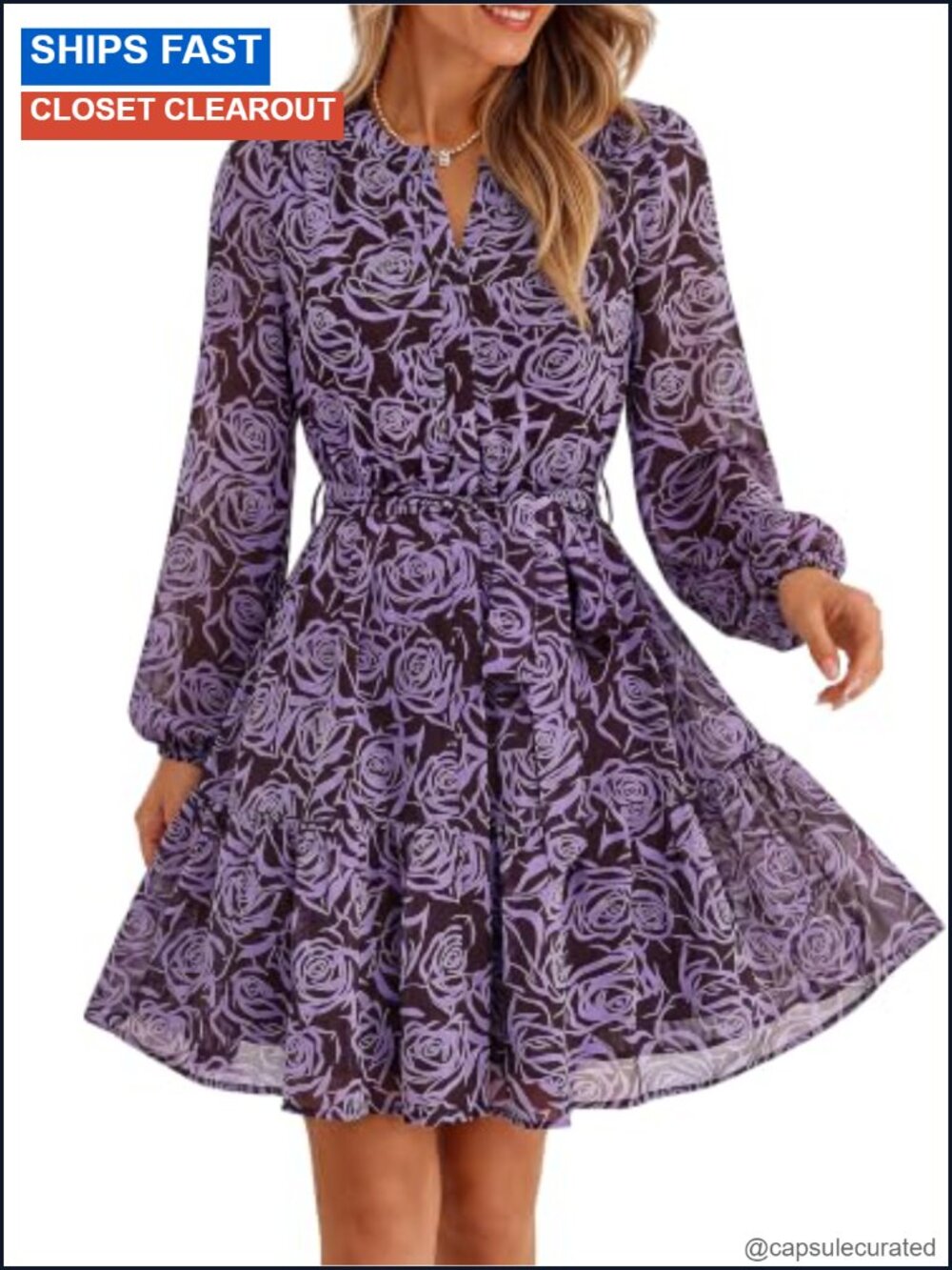 Chiffon Floral V Neck Long Sleeve Mini Dress